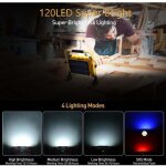 Projecteur chantier led rechargeable solaire 100w, 120 led lampe de travail, 12000mah batterie �tanche ...