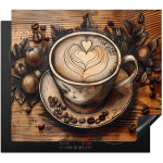 Protection plaque induction caf� - vintage - marron - tasse - bois plaque de deco cuisine 60x52 cm