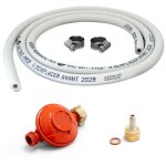Kit connexion gaz détendeur propane 37 mbar + tuyau gaz souple 1. 50m + embout tétine Kit connexion gaz détendeur propane 37 mbar + tuyau gaz souple 1. 50m + embout tétine