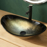 Puluomis ? vasque � poser en verre tremp� ovale 53x35x16cm ? lavabo noir dor� ? pour salle de bain, h�tel, ...