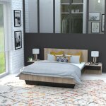 Le quai des affaires - lit cool 140x190 cm + 2 chevets + sommier / d�cor ch�ne blanchi & noir / 192x234x75 ...
