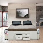 Le quai des affaires - lit double jazz 140x190 7 tiroirs + 2 chevets / blanc / 193x145x45