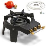 Rechaud  gaz 9, 8 kw fonte vritable 4 pieds 2 bruleurs + tuyau gaz flexible 1. 50m + dtendeur propane ...