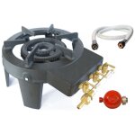 Rechaud � gaz en fonte v�ritable 4 pieds 2 bruleurs + tuyau gaz � vis 1. 50m + d�tendeur propane triglav ...
