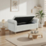 Redom banc de rangement avec couvercle � charni�res, en tissu blanc pieds en bois pour le salon ou la ...