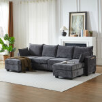 Redom canap� d'angle modulable 6 places, convertible en lit, rangement int�gr�, tissu chenille, gris