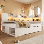 Redom lit double 140x200 cm avec �clairage led cadre de lit en bois, chargement usb, �tag�res et tiroirs, ...