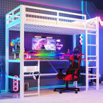 Redom lit mezzanine 90x200 cm avec bande led multicolore, bureau int�gr�, m�tal blanc (sans matelas)