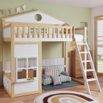 Redom lit mezzanine 90x200 cm avec escalier, avec garde corps, pin et mdf blanc et naturel (sans matelas) ...