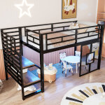 Redom lit mezzanine 90x200 cm avec escalier de rangement, fer et mdf, noir (sans matelas)