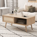 Redom table basse 105x55x40 cm avec portes coulissantes en rotin, rangement, pieds en bois massif, mdf, ...