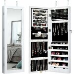 Armoire  bijoux verrouillable avec miroir plein et led, organisateur de bijoux accrochable en mdf avec ...