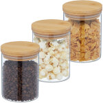 Lot de 3 bocaux en verre, couvercle bambou, bocal conservation rond, 650 ml, hermtique, transparent ...