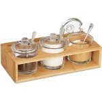 Lot de 3 pots à épices, salière, sucrier, avec support en bambou, cuillère et couvercle, nature / transparent ... Lot de 3 pots à épices, salière, sucrier, avec support en bambou, cuillère et couvercle, nature / transparent ...