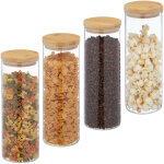 Relaxdays - lot de 4 bocaux en verre avec couvercle bambou, bocal conservation, 1600 ml, hermtique, ...