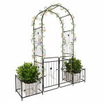 Relaxdays arche m�tallique ronde avec portail et 2 bacs � plantes grimpantes, hxlxp 220x202x50 cm, noir ...