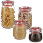 Bocaux en verre, lot de 4, couvercle avec ouverture pour paille et joint, pour ptes, boissons, transparent ...