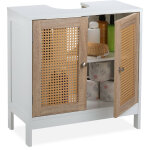 Relaxdays - meuble sous lavabo, 60 cm de large, 2 compartiments, espace tuyauterie, portes effet rotin, ...