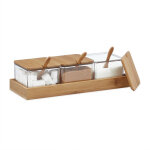 Pots  pices, lot de 3, bocaux avec cuillre et couvercle, plastique, bambou, plateau, cuisine, transparent ...