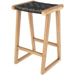 Tabouret pour �lot central 65 cm en teck et cuir tress� noir - yuma