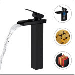 Robinet salle bain cascade noir mat, mitigeur lavabo cascade haut, robinetterie vasque � poser carr� ...