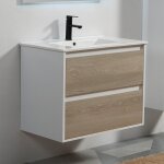 Meuble salle de bain 2 tiroirs blanc chêne gris vasque 80cm scandinave Meuble salle de bain 2 tiroirs blanc chêne gris vasque 80cm scandinave