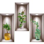 Sabir lot de 3 autocollants muraux 3d en vinyle 3d pour salon, vases, plantes vertes - pour chambre � ...