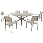 Salle � manger de jardin en aluminium : une table ronde extensible l. 150 / 200 cm et 6 fauteuils empilables ...