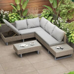 Salon de jardin avec 1 canap� d?angle modulable, 1 table basse et coussins, pour 4 � 5 personnes, rotin ...