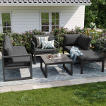 Salon de jardin avec 2 canap�s, 1 fauteuil et 1 table basse, dossier haut et pieds r�glables, m�tal et ...