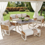 Salon de jardin avec 2 fauteuils, 1 canap� 3 places, 1 banc et 1 table, pour 6 - 7 personnes, rotin pe, ...