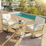 Salon de jardin avec 2 fauteuils � bascule et 1 table basse en verre, pour balcon et terrasse, rotin, ...