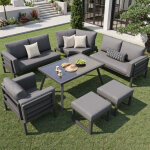 Salon de jardin avec 3 canap�s, 2 fauteuils, 2 poufs et 1 table basse en verre, pour 8 personnes, fer, ...