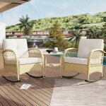 Salon de jardin 3 pi�ces en r�sine tress�e - 2 fauteuils � bascule avec coussins beige et 1 table basse ...