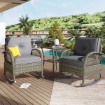 Salon de jardin 3 pi�ces en r�sine tress�e - 2 fauteuils � bascule avec coussins beige et 1 table basse ...