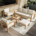 Salon de jardin 4 - 6 personnes, avec table 3 places, 2 chaises, pouf, table basse, bois acacia naturel ...