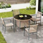 Salon de jardin 4 fauteuils avec accoudoirs et table ronde verre, pi�tement fer, pour terrasse balcon, ...