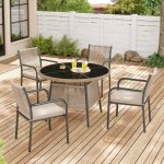 Salon de jardin 4 places en r�sine tress�e, ensemble repas ext�rieur (table ronde en verre et 4 fauteuils), ...