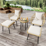 Salon de jardin 5 pi�ces en rotin naturel avec table, 2 chaises et 2 tabourets, ensemble de repas ext�rieur ...