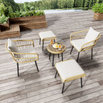Salon de jardin 5 pi�ces en rotin : table, 2 fauteuils et 2 tabourets avec coussins confortables, structure ...