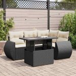 Salon de jardin 5 places en r�sine tress�e noir avec table extensible et coussins cr�me - canap� d'ext�rieur ...