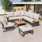 Salon de jardin 6 - 7 places en fer galvanis� - canap� d'angle - tables - 1 chaise - banc - beige