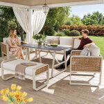 Salon de jardin pour 6 personnes en rotin pe, canap� de jardin avec coussins lavables, canap� 3 places, ...