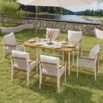 Salon de jardin 6 places, avec accoudoirs tress�s, ensemble repas ext�rieur, cadre m�tal avec coussins, ...