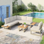 Salon de jardin 6 places - en acier galvanis� - canap� d'angle - table basse - plateau en bois plastique ...