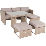 Salon de jardin 6 places - reggiano - table de jardin avec canap�. m�ridienne et 2 poufs encastrables ...