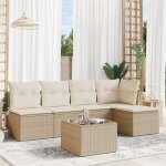 Salon de jardin 6 places en r�sine tress�e beige avec coussins - ensemble modulaire avec table en verre ...
