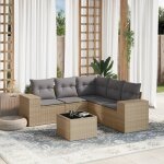 Salon de jardin 6 places en r�sine tress�e beige avec table verre tremp� et coussins gris amovibles - ...