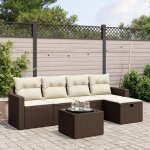 Salon de jardin 6 places en r�sine tress�e marron avec coussins blancs cr�me - table en verre tremp� ...