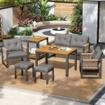Salon de jardin 6 places, style scandinave, ensemble canap� ext�rieur avec table multifonction, accoudoirs ...